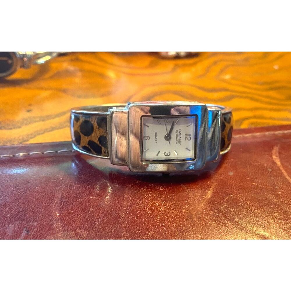 Women's 23mm Silver Tone Embassy by Gruen Watch, Leopard Print Bangle Bracelet